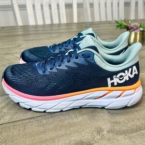 Hoka One One Clifton 7 Womans Running Shoes Blue Orange Pink Size 9.5